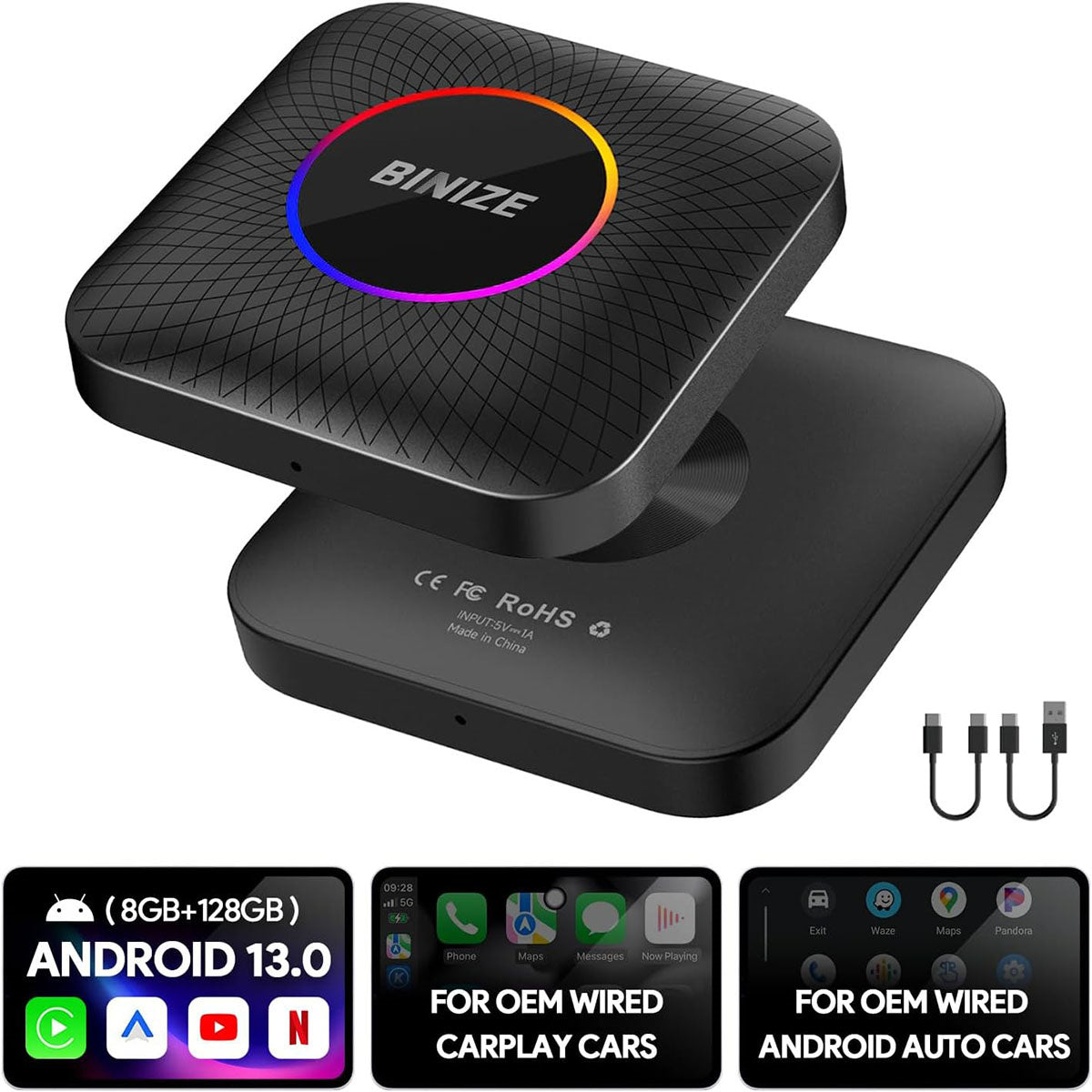 BINIZE Android 13 LED CarPlay AI BOX for OEM Car with Wired CarPlay/Android Auto