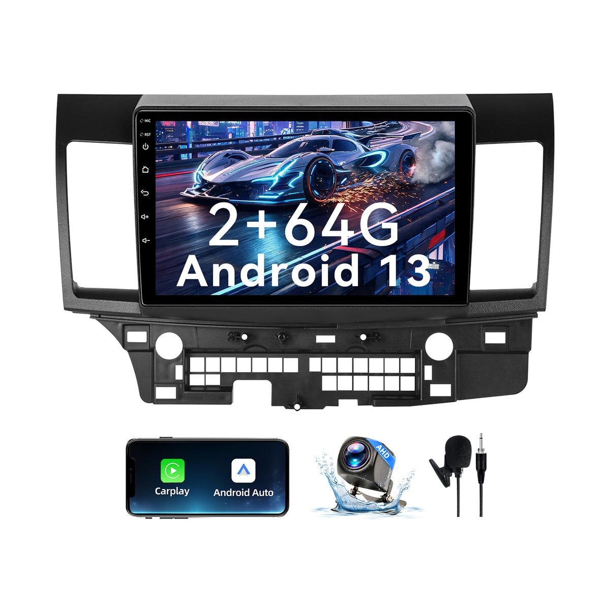 Car Stereo Radio for Mitsubishi Lancer 2008-2017 with Wireless CarPlay & Android Auto 10-Inch Touchscreen WiFi Bluetooth GPS FM/RDS EQ SWC AHD Backup Camera