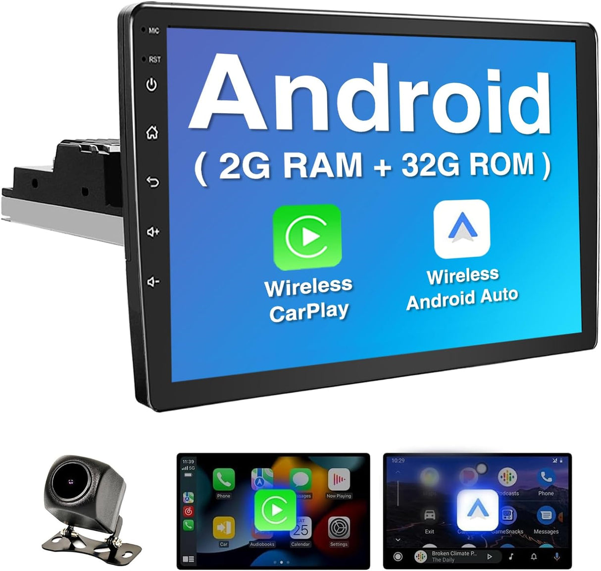 BINIZE 10 Inch Android Car Stereo Single Din CarPlay Car Radio with Camera