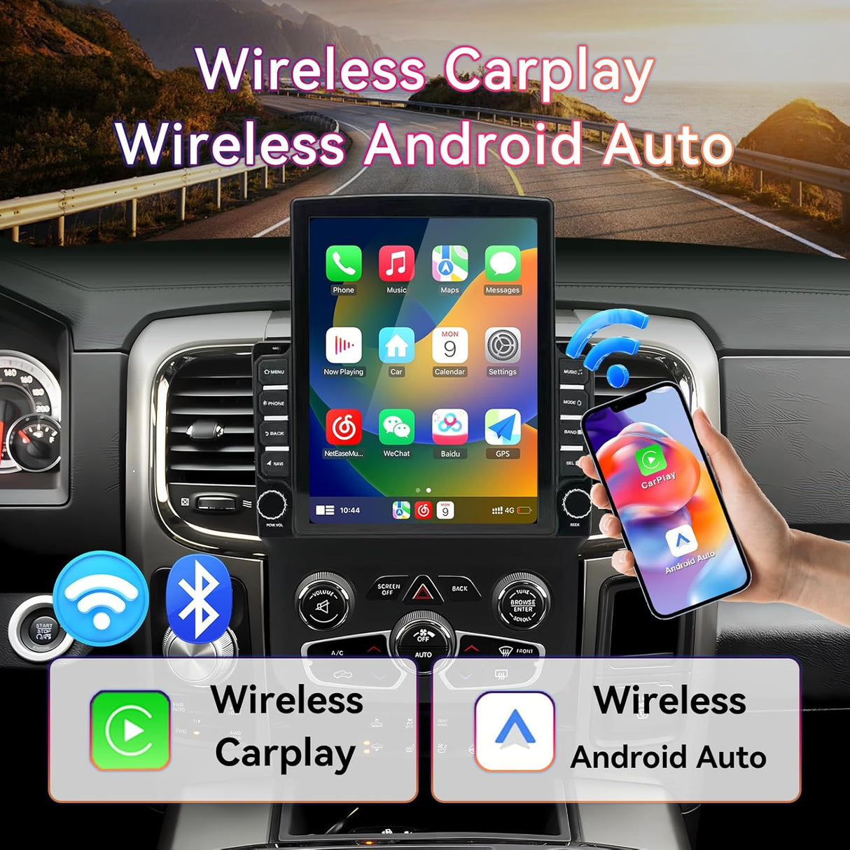 Car Stereo for Dodge Ram 1500/2500/3500 2013-2018 Upgrade Wireless CarPlay & Android Auto AHD Backup Camera GPS SWC FM WiFi Bluetooth
