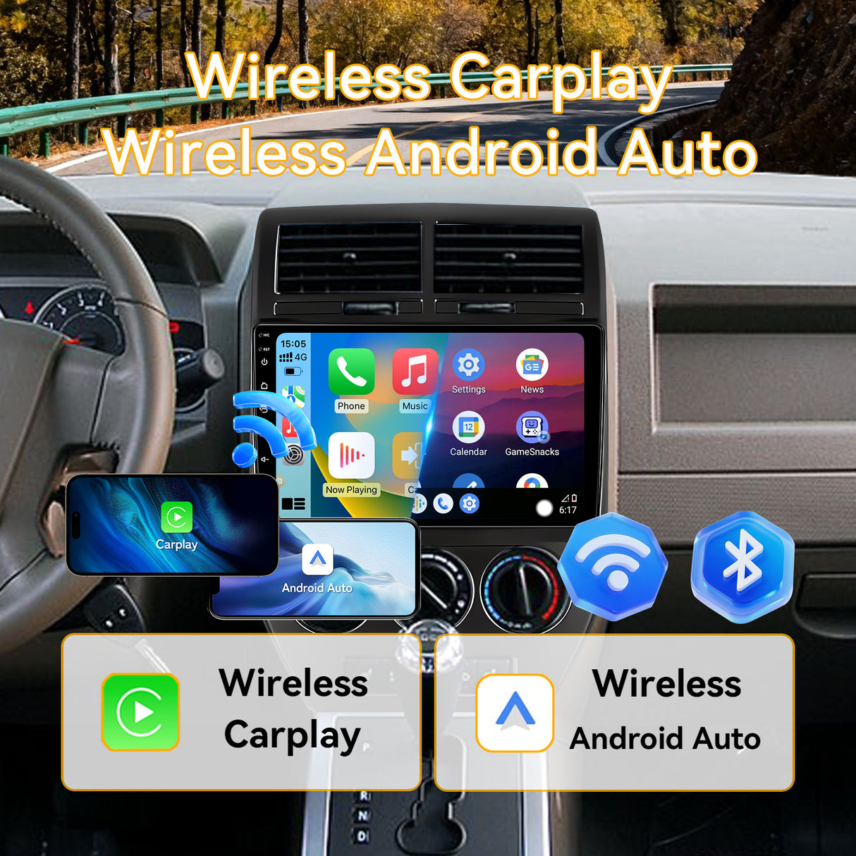 Car Stereo for Jeep Compass 2007-2009 Upgrade Wireless CarPlay & Android Auto AHD Backup Camera GPS SWC FM WiFi Bluetooth