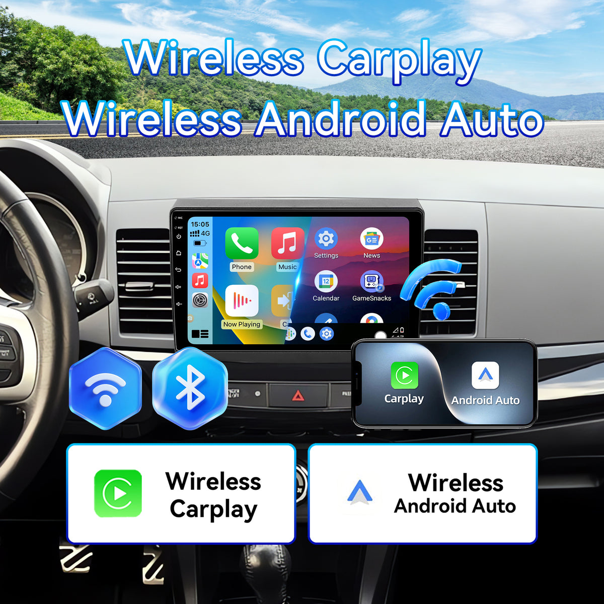 Car Stereo Radio for Mitsubishi Lancer 2008-2017 with Wireless CarPlay & Android Auto 10-Inch Touchscreen WiFi Bluetooth GPS FM/RDS EQ SWC AHD Backup Camera