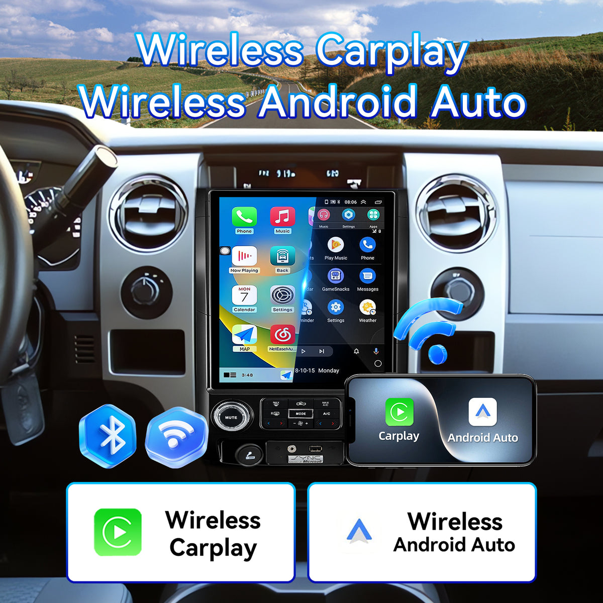 Car Stereo Radio for Ford F150 2009-2012 with Wireless CarPlay & Android Auto, T-Style 12.1" Touchscreen, 8 Core 4+64GB, Mirror Link WiFi Bluetooth FM DSP SWC Backup Camera