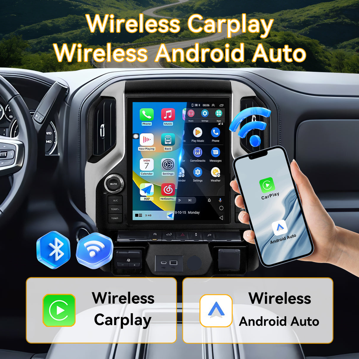 Car Stereo Radio 8-Core Qualcomm CPU, with Android Auto Wireless Carplay for Chevy Silverado 2019-2021 Upgrade 2K Touchscreen Bluetooth WiFi GPS DSP AM FM Head Unit (only fit original 8inch with BOSE)