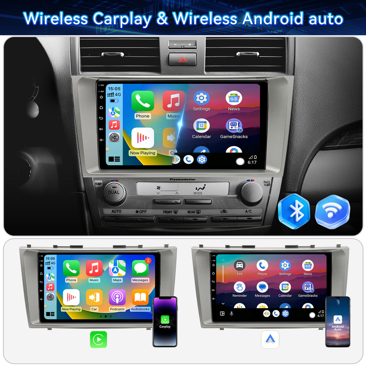 Car Stereo Radio for Toyota Camry 2007-2011 with Wireless Carplay & Android Auto 9 inch Touchscreen GPS FM RDS Bluetooth Backup Camera