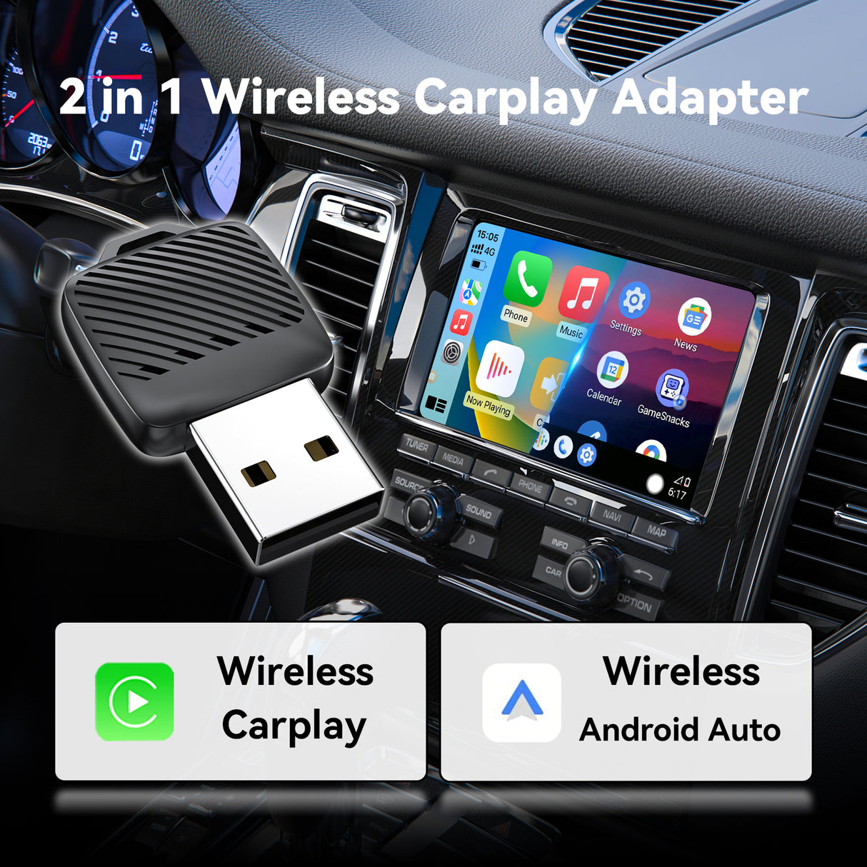 2026 2-in-1 Wireless CarPlay Adapter / Android Auto Dongle, 5.8GHz WiFi Auto Connection, Compatible with iOS12+ & Android11+