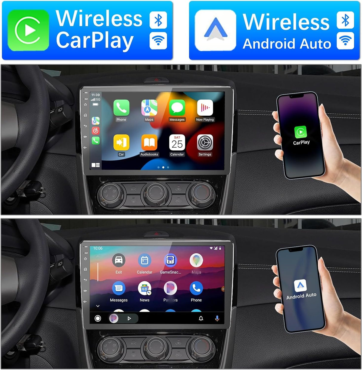 BINIZE 10 Inch Double Din Car Stereo with Wireless CarPlay Android Auto