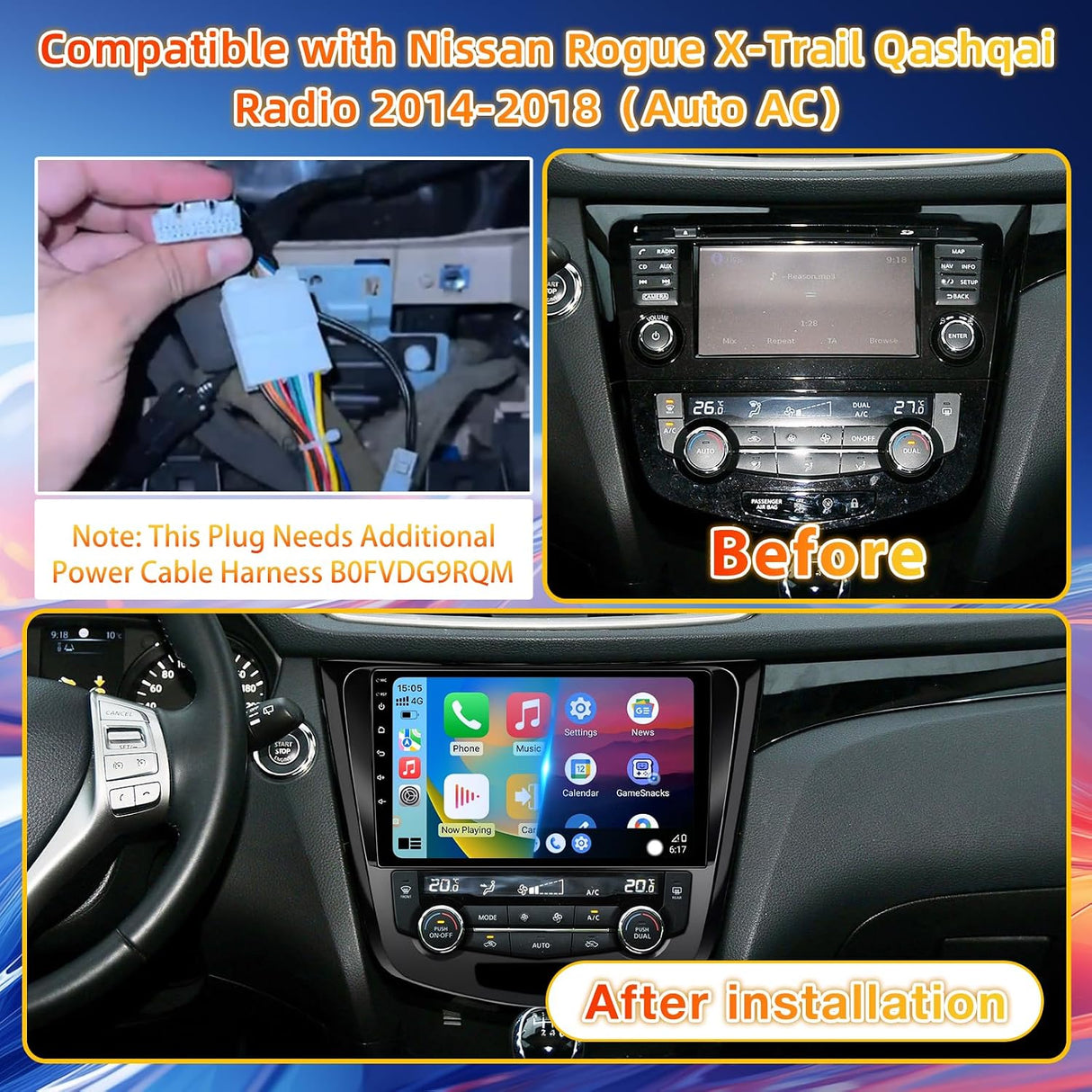 Car Radio Stereo for Nissan X-Trail Qashqai Rogue 2014-2018, Touchscreen with Wireless CarPlay & Android Auto, WiFi, GPS, FM RDS, Backup Camera, SWC, (Auto AC)