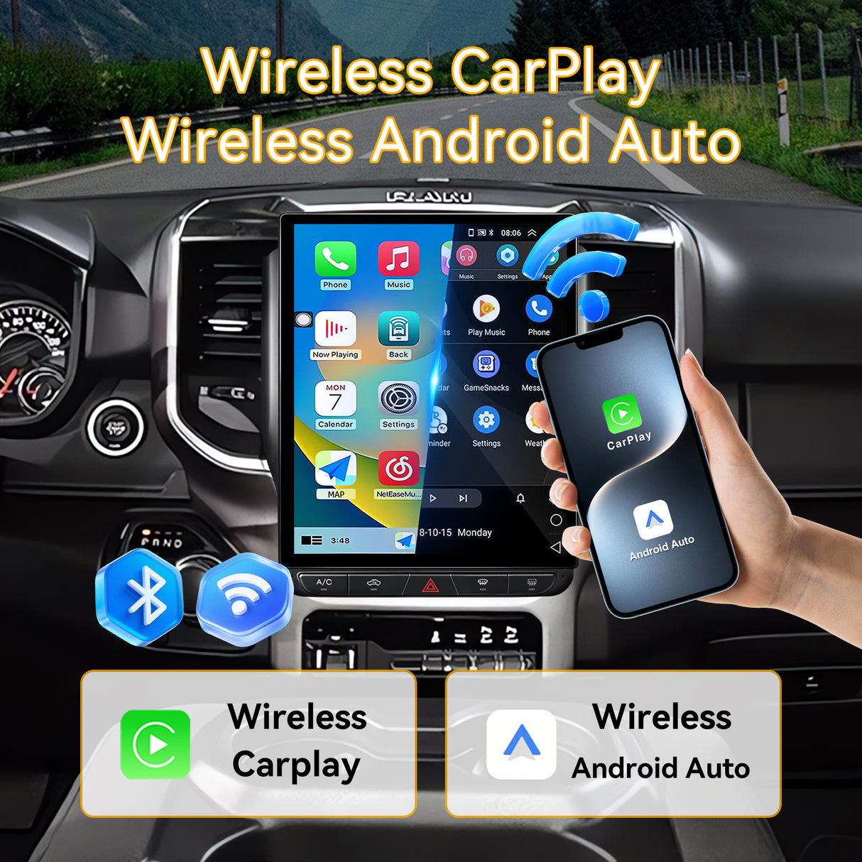 Car Stereo for Dodge Ram 2019-2023 Upgrade Wireless CarPlay & Android Auto AHD Backup Camera GPS SWC FM WiFi Bluetooth