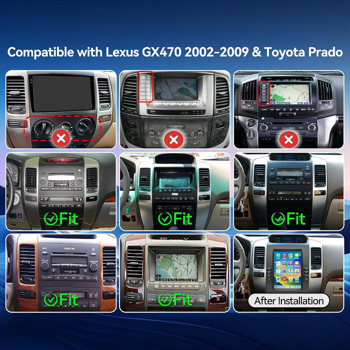 Car Stereo for Lexus GX470 2002-2005 Toyota Prado 2002-2009 Upgrade Wireless CarPlay & Android Auto AHD Backup Camera GPS SWC FM WiFi Bluetooth