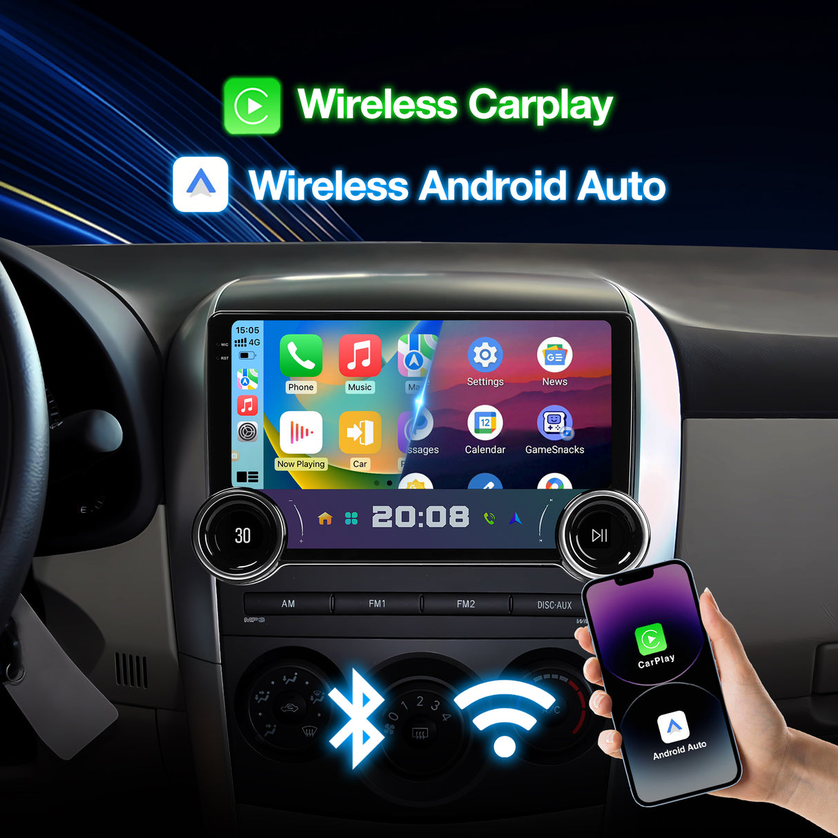 Android Single Din Touchscreen Radio with Wireless CarPlay