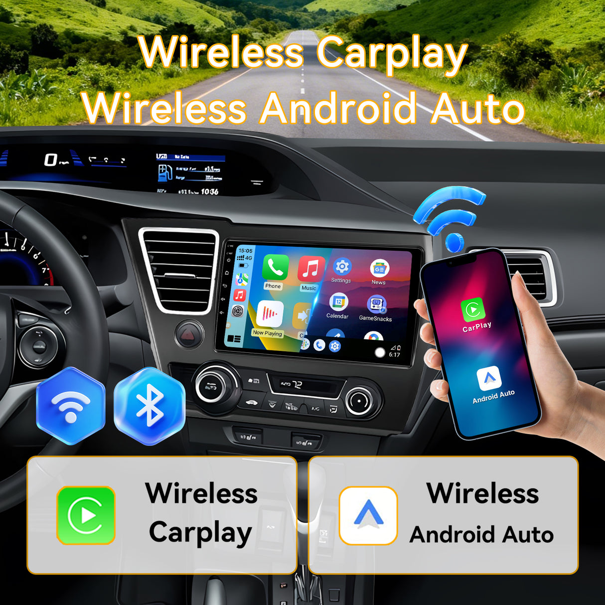 Car Stereo for Honda Civic 2014-2015 Upgrade Wireless CarPlay & Android Auto AHD Backup Camera GPS SWC FM WiFi Bluetooth