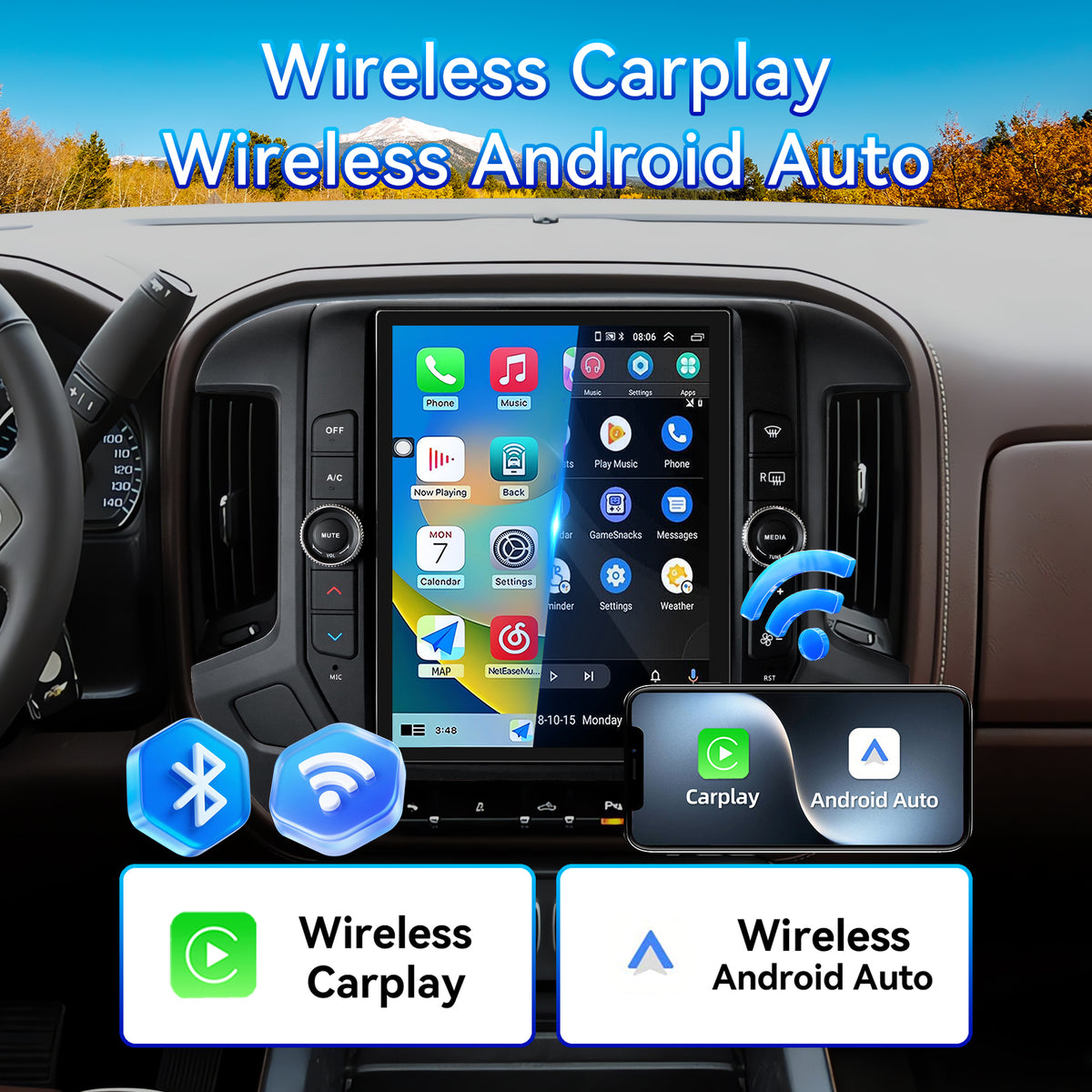 8Core 4+64GB Car Stereo Radio for Chevrolet Silverado GMC Sierra 2014-2018 with Wireless CarPlay & Android Auto 12.1'' T-Style Touchscreen BT5.0 GPS 5Ghz WIFI DSP 32EQ FM 1080P Backup Camera