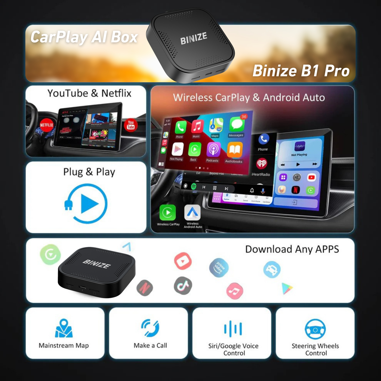 Binize B1 Android 13 CarPlay AI BOX for OEM Car with Wired CarPlay/Android Auto