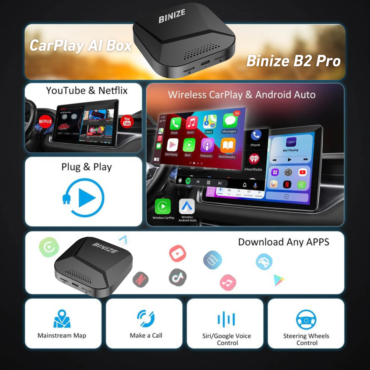 BINIZE B2 Android 13 CarPlay AI BOX for OEM Car with Wired CarPlay/Android Auto