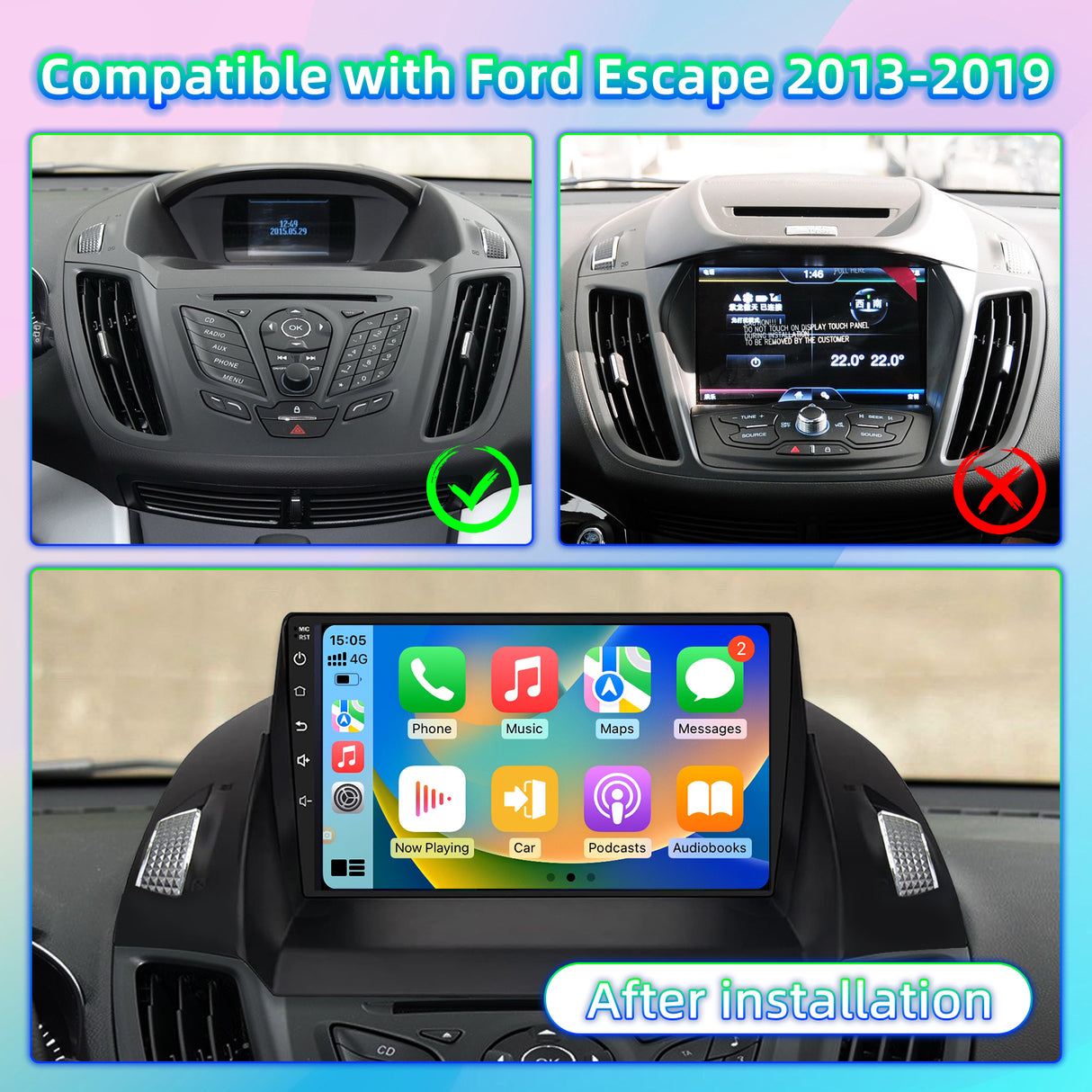Car Radio Stereo Compatible with Ford Escape 2013 2014 2015 2016 2017 2018 2019,Android 13 Head Unit,WiFi/Bluetooth/Wireless CarPlay Andriod Auto