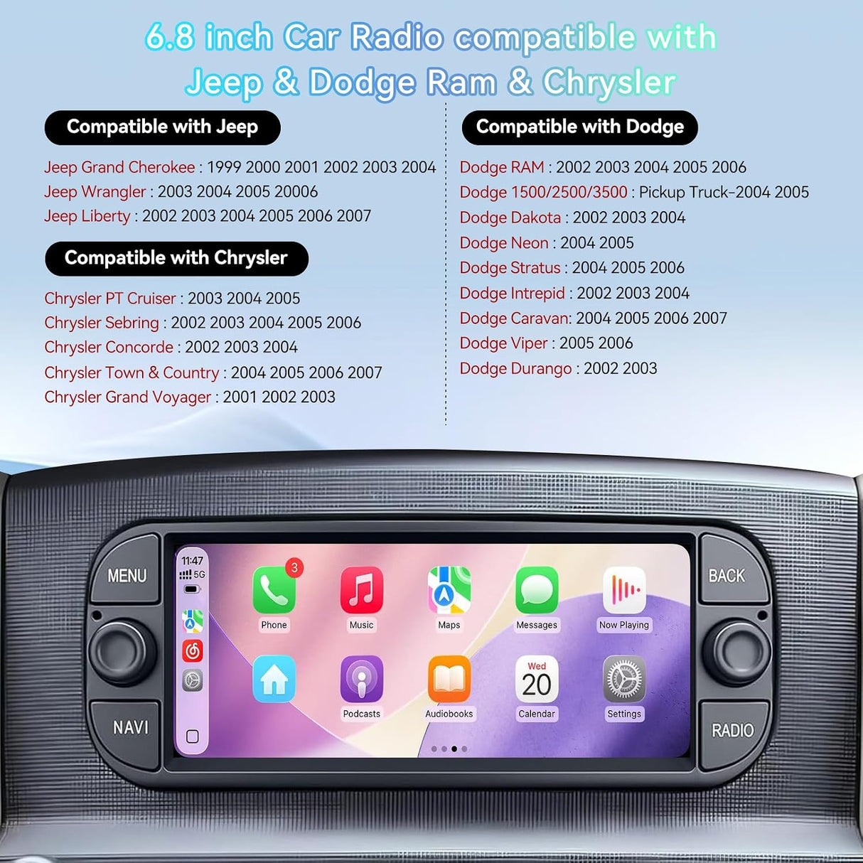 Car Radio Stereo for Dodge RAM 2002-2006/Jeep Wrangler 2003-2006/Caravan 2004-2007- Wireless CarPlay/Android Auto, GPS, Backup Camera, WiFi/Bluetooth