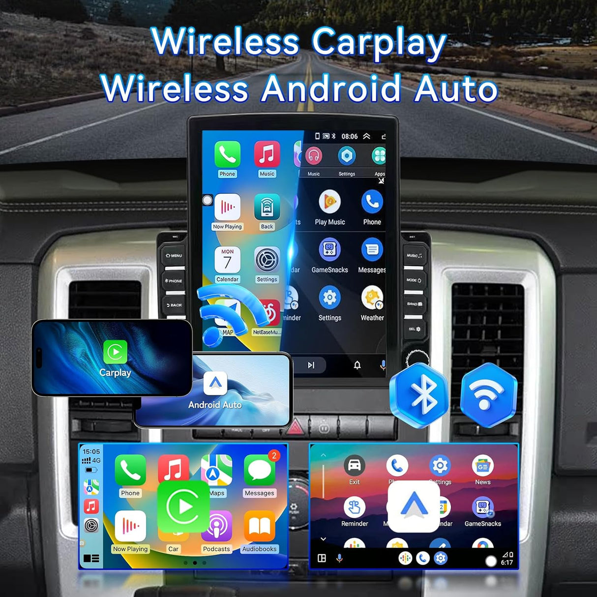 Car Radio Stereo for Dodge RAM 1500 2500 3500 2009-2012 Jeep Wrangler JK 2007-2016, with Wireless CarPlay Android Auto WiFi Bluetooth GPS Backup Camera