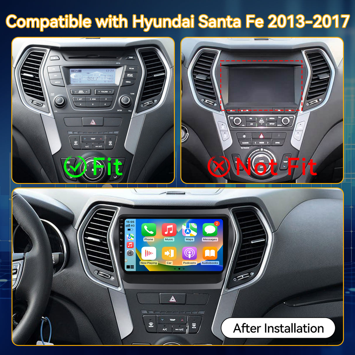 Car Stereo for Hyundai Santa Fe 2013-2017 Upgrade Wireless CarPlay & Android Auto AHD Backup Camera GPS SWC FM WiFi Bluetooth