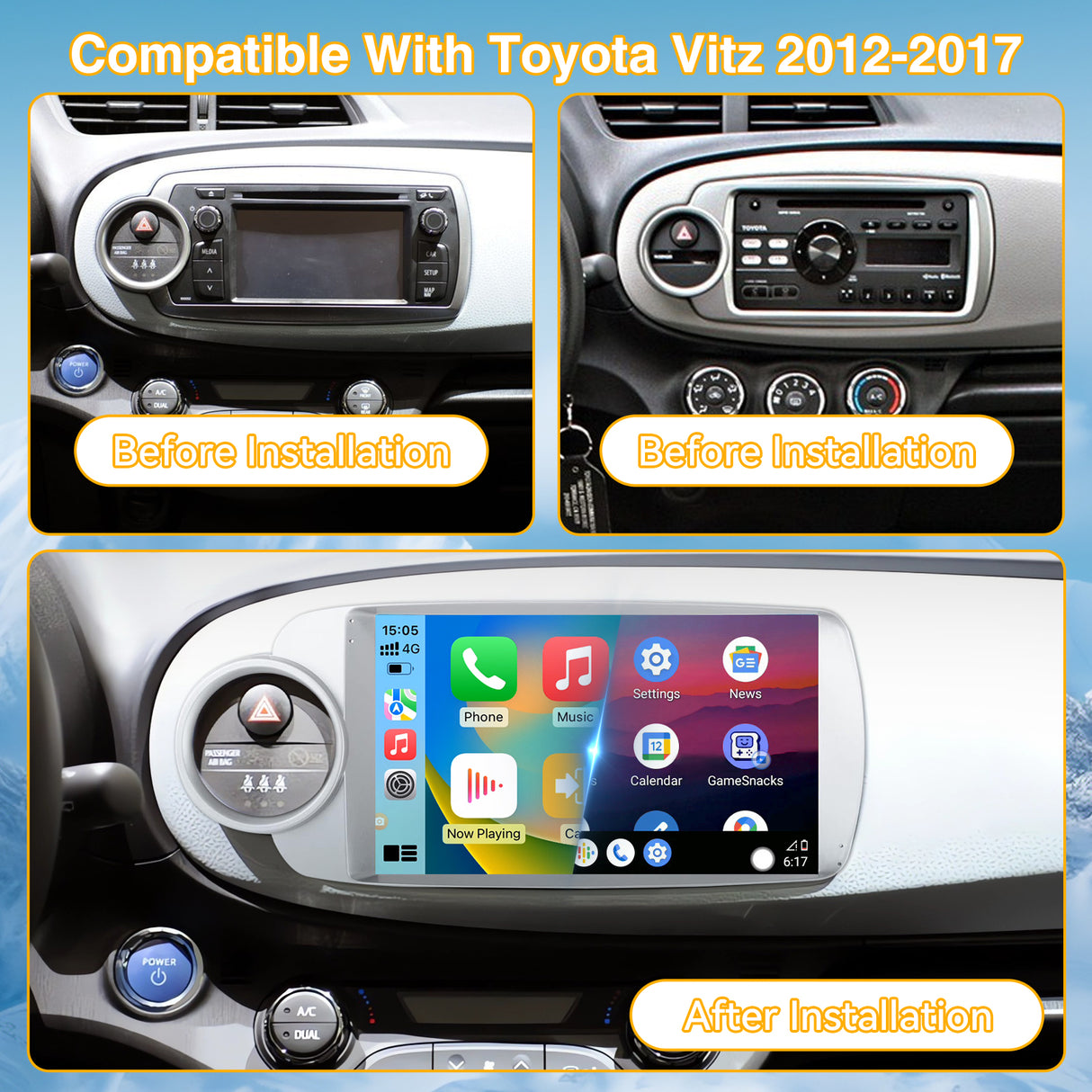 Car Stereo for Toyota Vitz 2012-2017 Upgrade Wireless CarPlay & Android Auto AHD Backup Camera GPS SWC FM WiFi Bluetooth