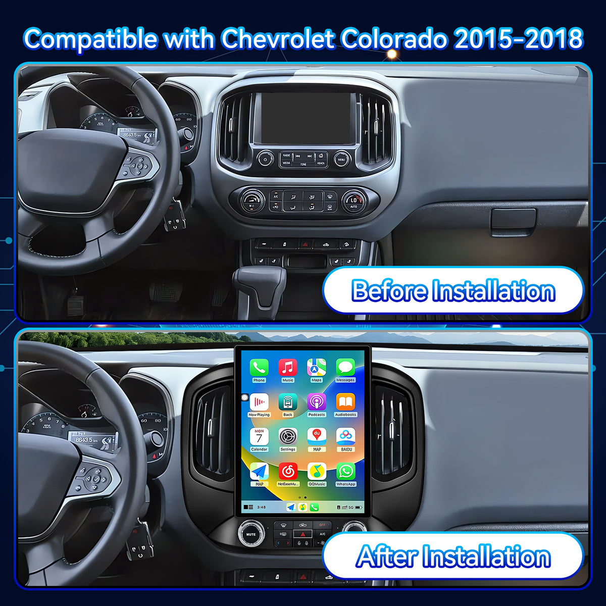 Car Stereo Radio for Chevrolet Colorado 2015-2018 with Wireless CarPlay & Android Auto, T-Style 12.1" Touchscreen, 8 Core 4+64GB, Mirror Link WiFi Bluetooth FM DSP SWC Backup Camera