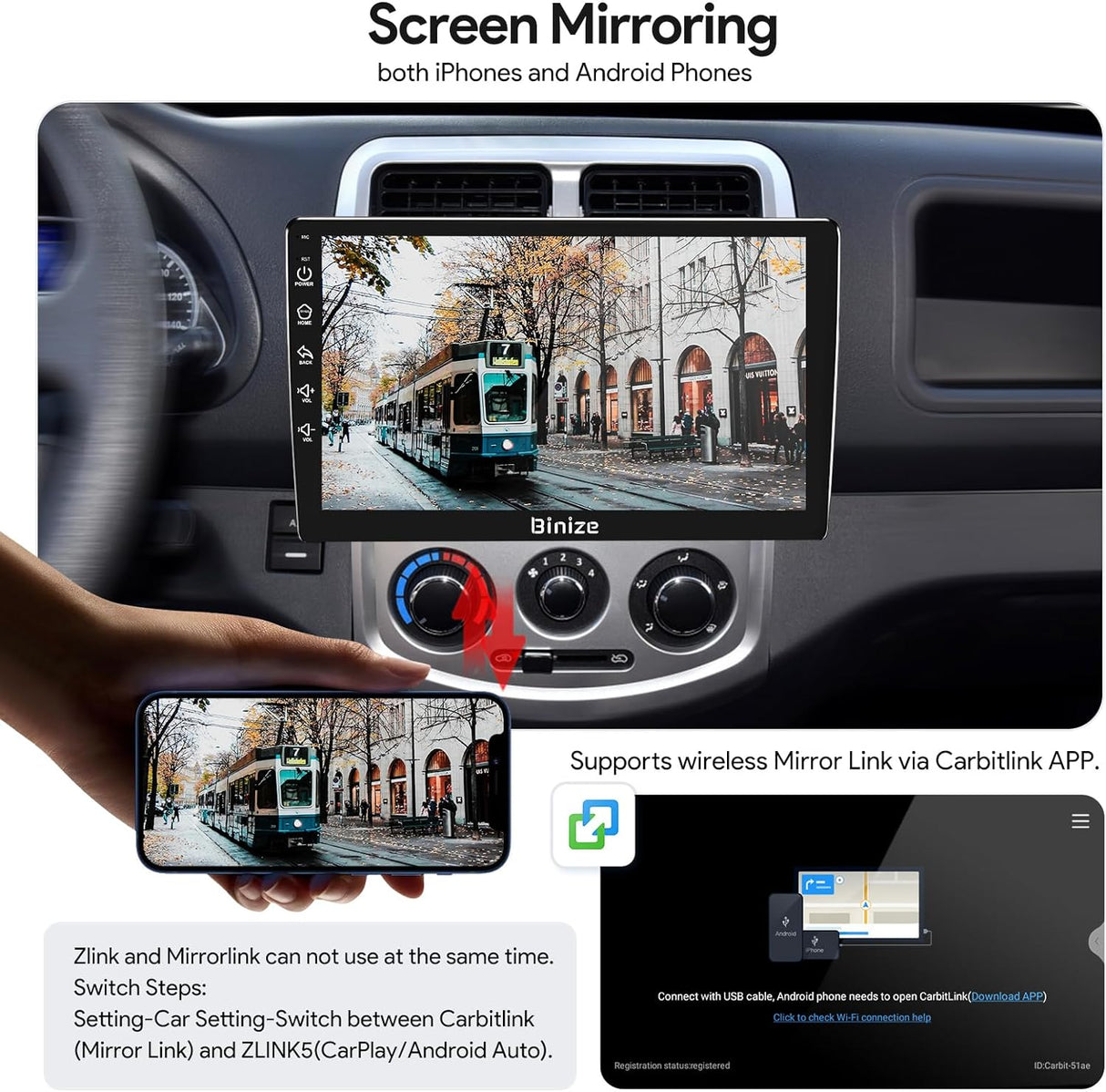BINIZE 10 Inch Android Car Stereo Single Din CarPlay Car Radio with Camera