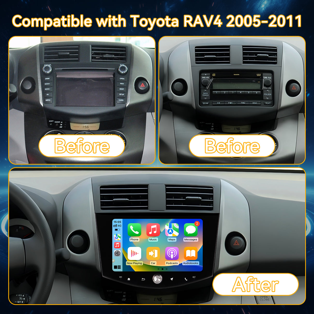 Car Stereo Radio 8-Core, with Android Auto Wireless Carplay for Toyota RAV4 2005-2011 Upgrade 2K Touchscreen Bluetooth WiFi GPS DSP AM FM Head Unit