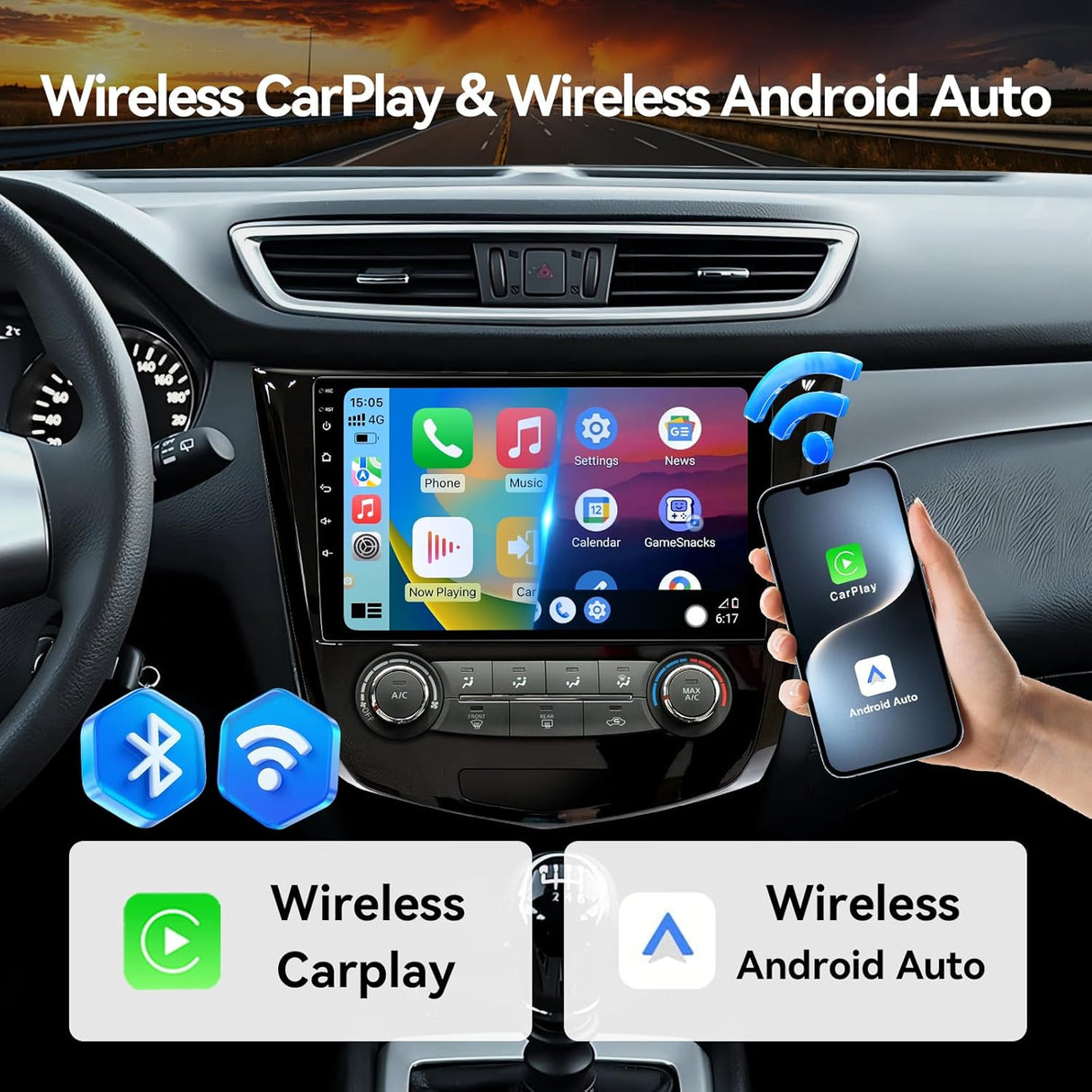 Car Stereo Radio for Nissan Rogue 2014 2015 2016 2017 2018 Manual AC Wireless CarPlay & Android Auto AHD Backup Camera GPS SWC WiFi Bluetooth