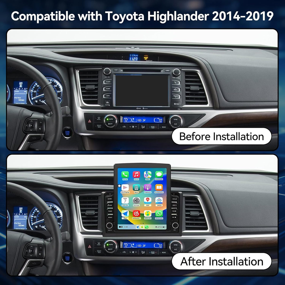 Car Stereo Radio for Toyota Highlander 2014 2015 2016 2017 2018 2019 Upgrade,Wireless CarPlay & Android Auto AHD Backup Camera GPS SWC Bluetooth