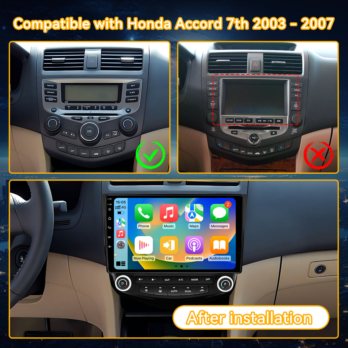 Car Stereo for Honda Accord 7th 2003-2007 Upgrade Wireless CarPlay & Android Auto AHD Backup Camera GPS SWC FM WiFi Bluetooth