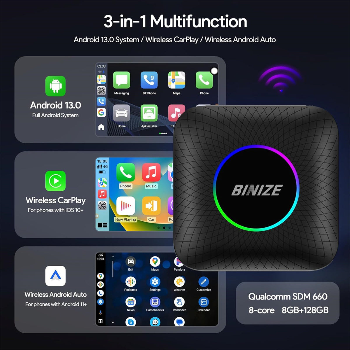 BINIZE Android 13 LED CarPlay AI BOX for OEM Car with Wired CarPlay/Android Auto