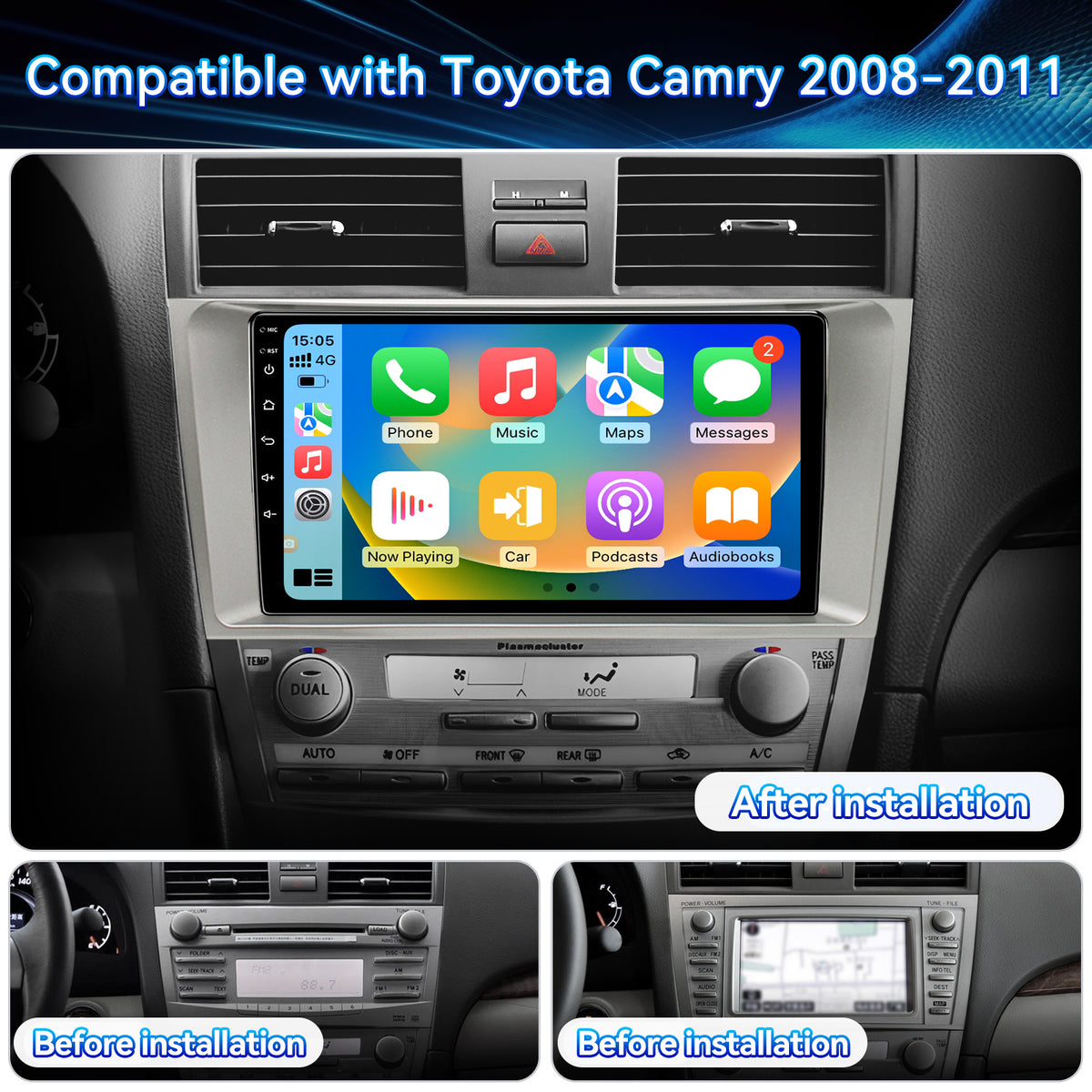 Car Stereo Radio for Toyota Camry 2007-2011 with Wireless Carplay & Android Auto 9 inch Touchscreen GPS FM RDS Bluetooth Backup Camera