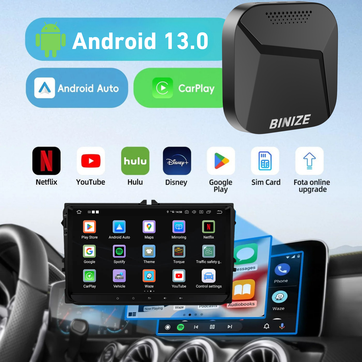 BINIZE B2 Android 13 CarPlay AI BOX for OEM Car with Wired CarPlay/Android Auto