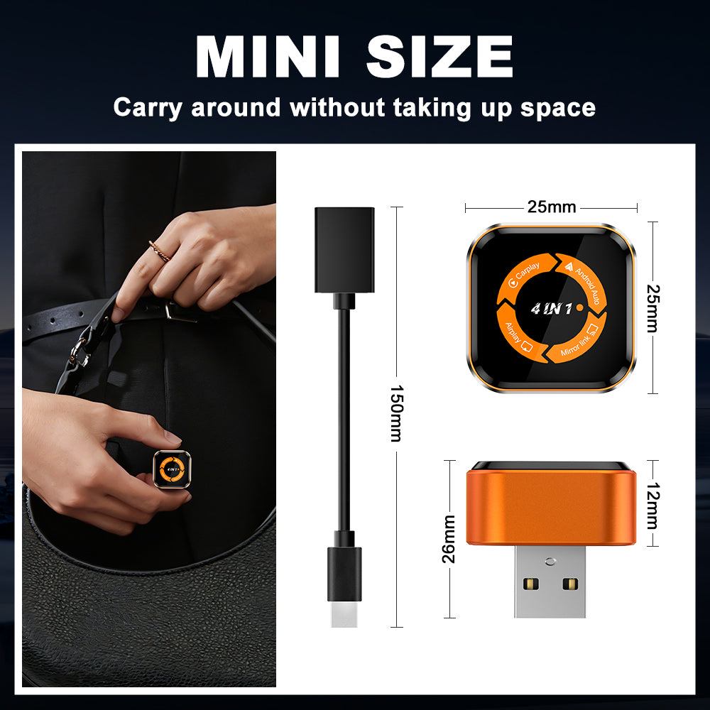 4-in-1 Mini Wireless CarPlay & Android Auto Adapter with iPhone & Android Screen Mirroring for Stock Wires CarPlay & Android Auto Vehicles