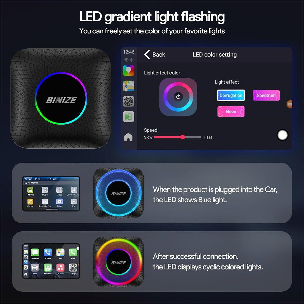 BINIZE Android 13 LED CarPlay AI BOX for OEM Car with Wired CarPlay/Android Auto