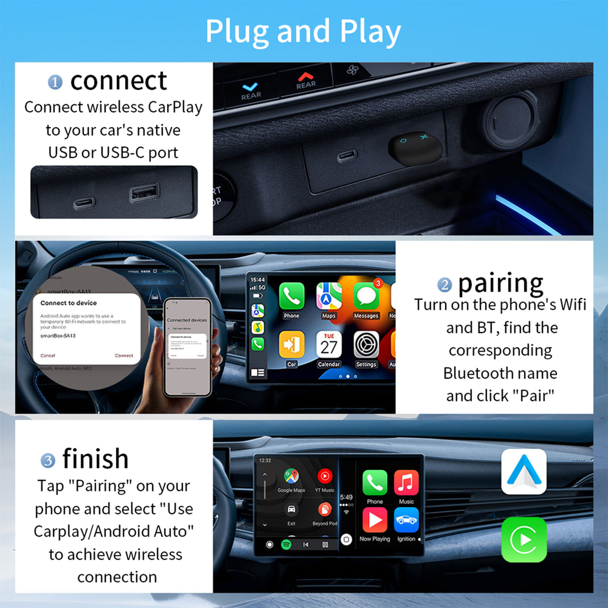 Binize Wireless CarPlay/Android Auto Adapter for Vehicle with Factory Wired CarPlay/Android Auto