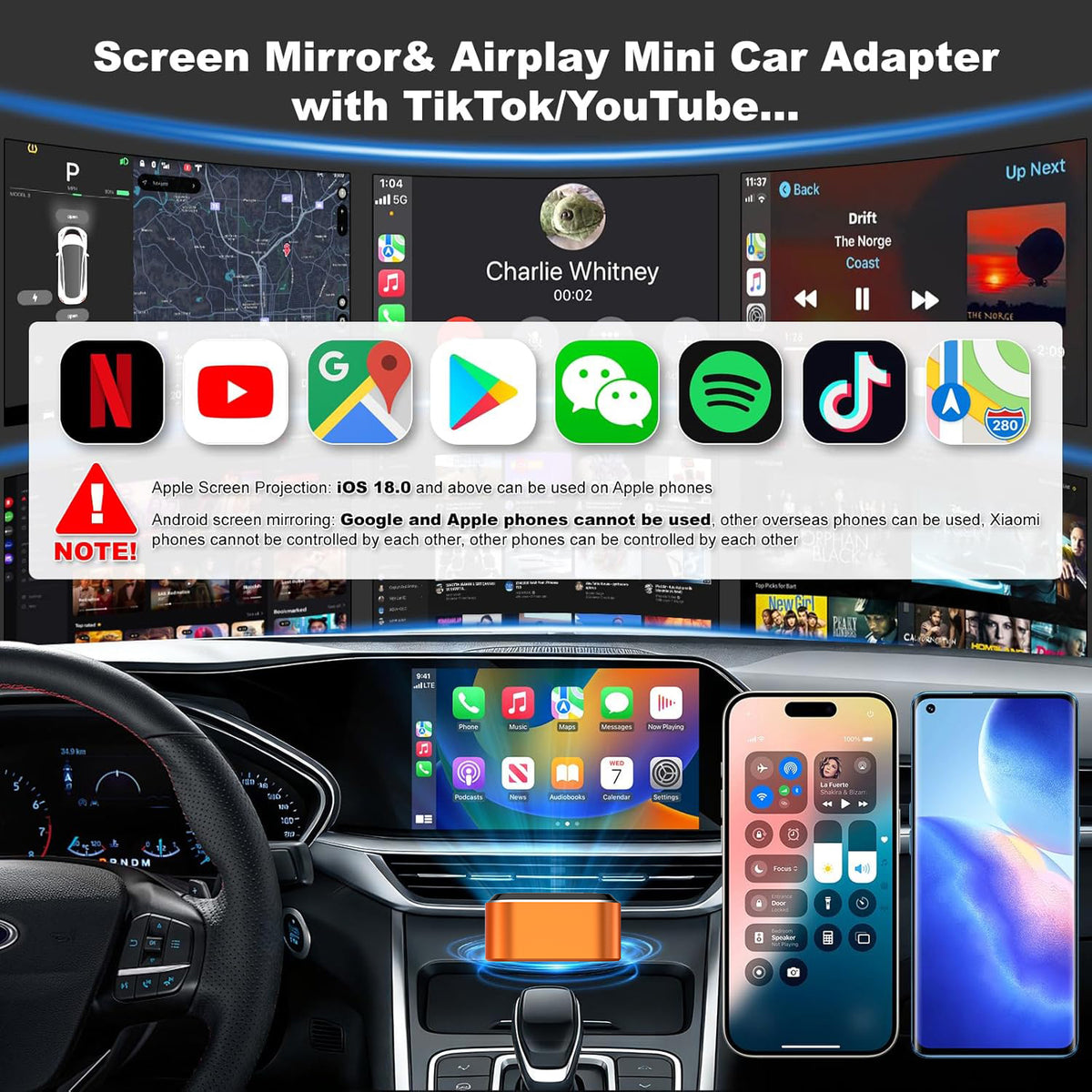 4-in-1 Mini Wireless CarPlay & Android Auto Adapter with iPhone & Android Screen Mirroring for Stock Wires CarPlay & Android Auto Vehicles