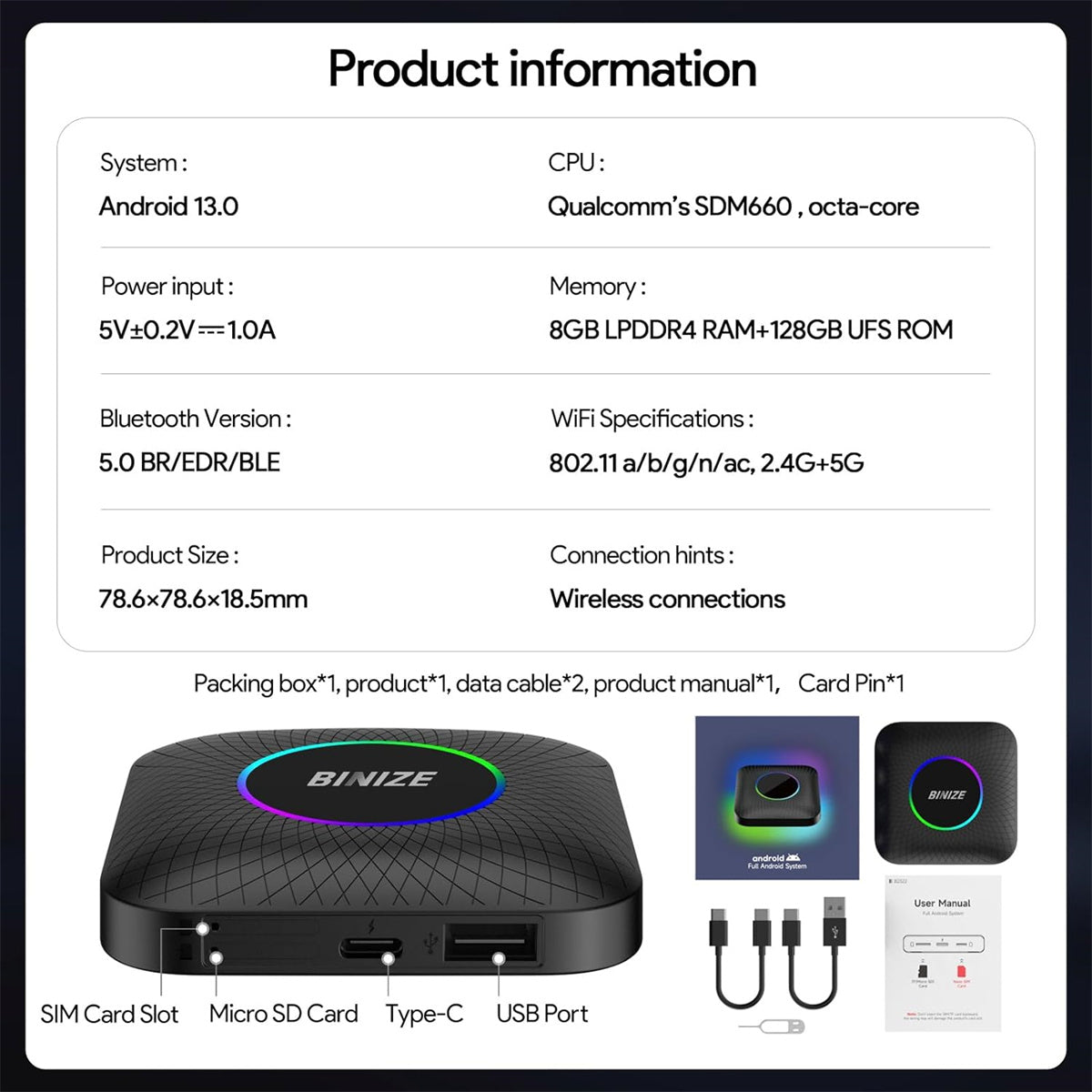 BINIZE Android 13 LED CarPlay AI BOX for OEM Car with Wired CarPlay/Android Auto