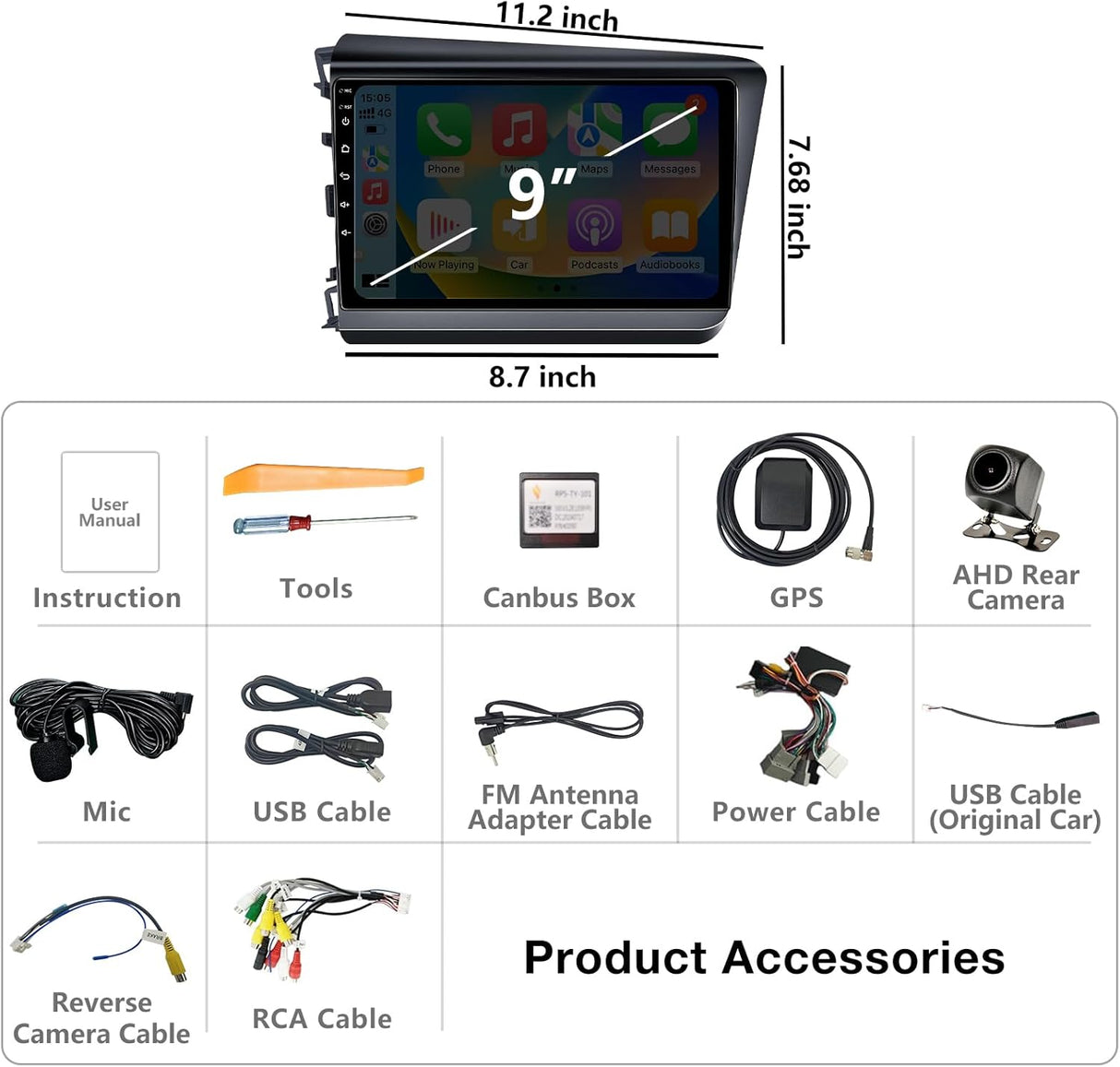 Android 13 Car Stereo for Honda Civic 2012-2015 with Wireless CarPlay&Android Auto, Bluetooth,GPS Navigation,FM, Backup Camera Mirror Link Built-in Navigation