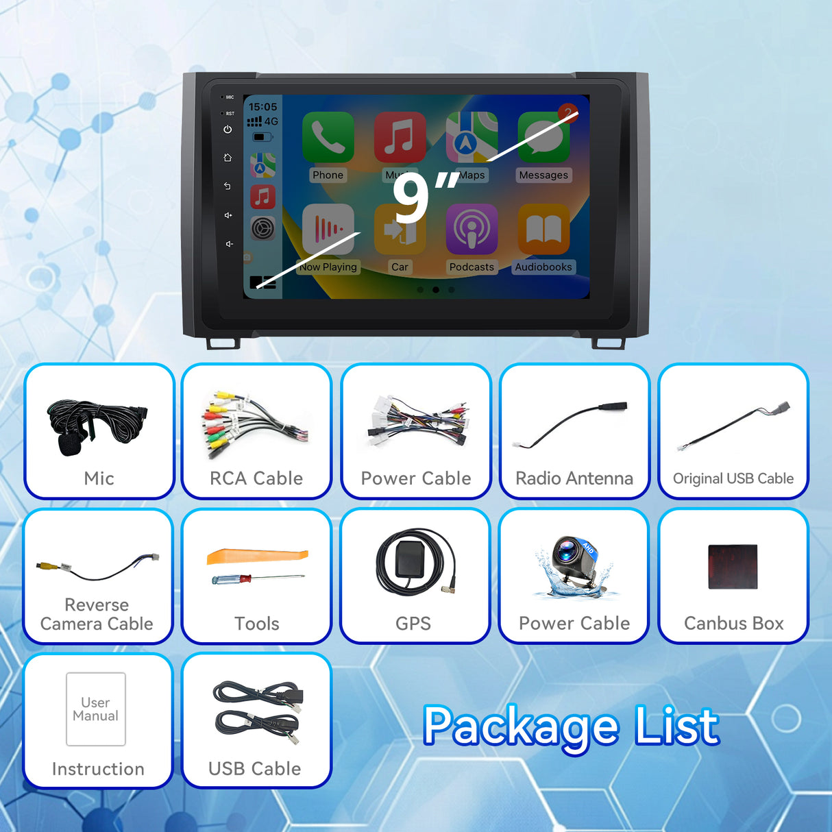 Car Stereo Radio for Toyota Tundra 2014-2021 with Wireless CarPlay & Android Auto 9-Inch IPS Touch Screen GPS SWC Bluetooth FM Backup Camera