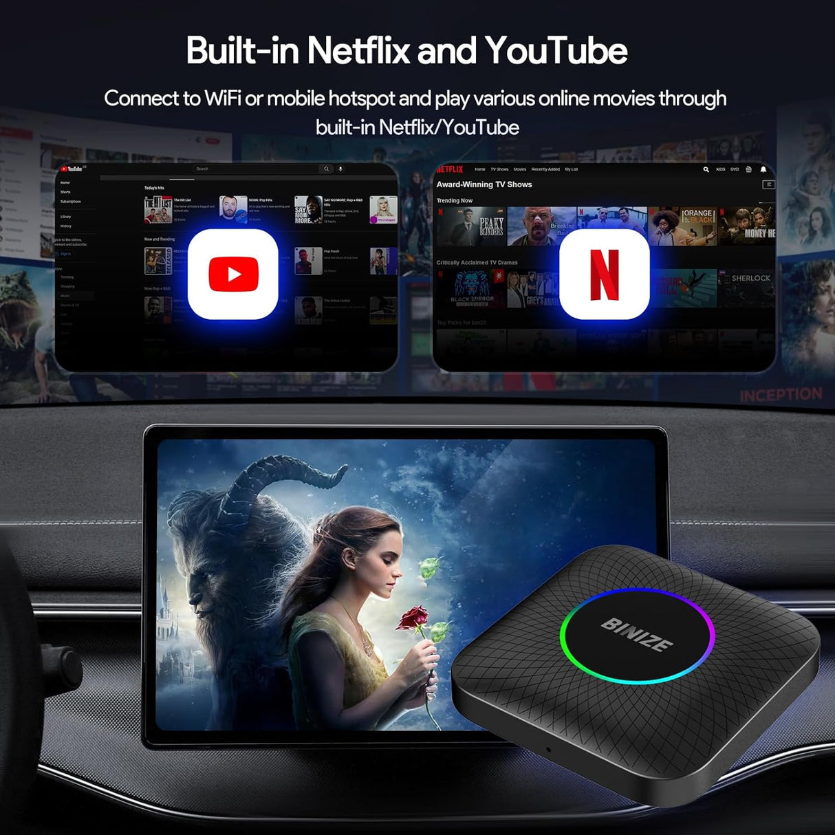 BINIZE Android 13 LED CarPlay AI BOX for OEM Car with Wired CarPlay/Android Auto