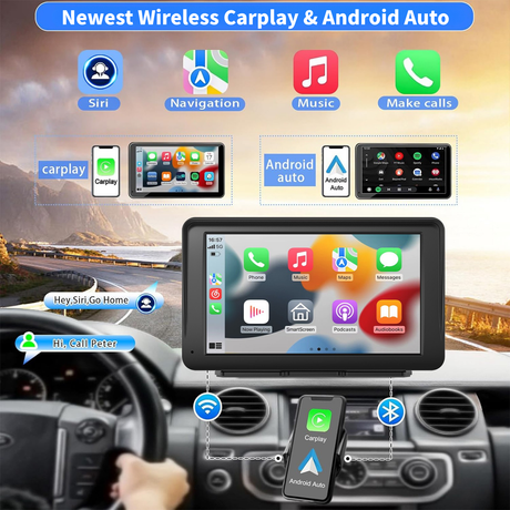 Binize Carplay Screen for Car, 7" HD Wireless Portable CarPlay Touchscreen Stereo with Android Auto Mirror Link/Backup Camera/GPS Navigation/Satellite Radio for All Vehicles