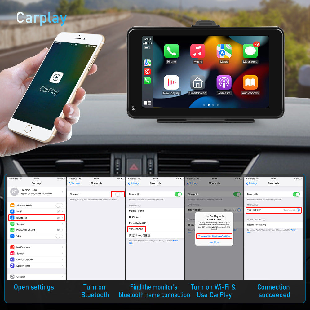 7 Inch Portbale CarPlay Screen for Car, Support Wireless CarPlay/Wireless Android Auto