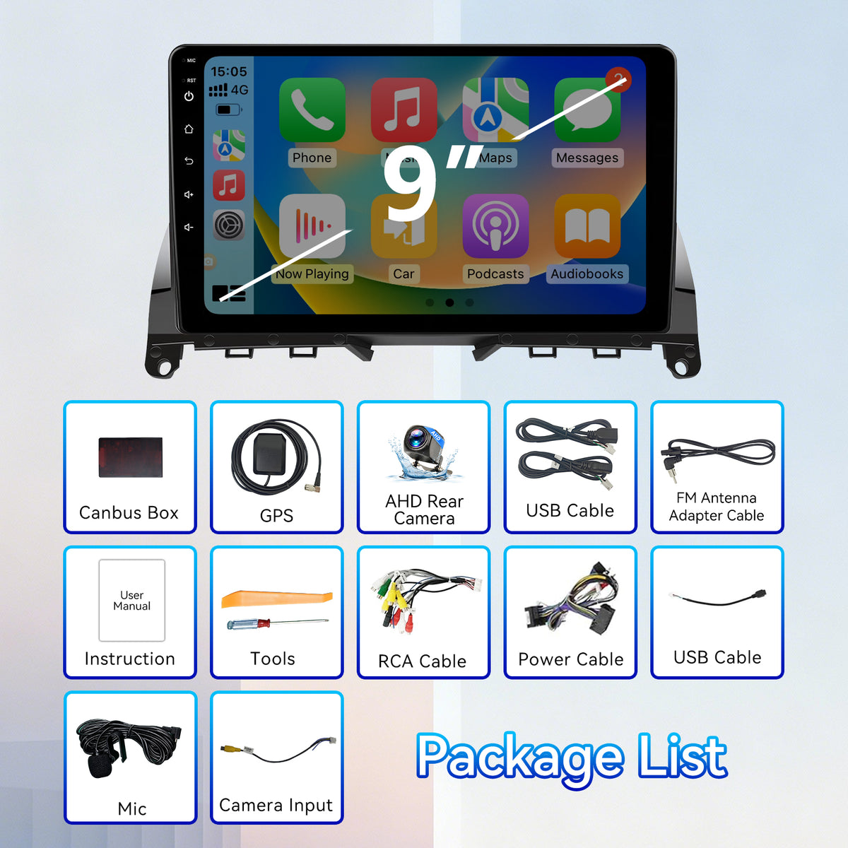 Car Stereo Radio for Mercedes Benz C-Class W204 S204 2006-2011 with Wireless Carplay & Android Auto 9-Inch Touchscreen FM Bluetooth 5G WiFi GPS Navigation Mirror Link SWC AHD Camera