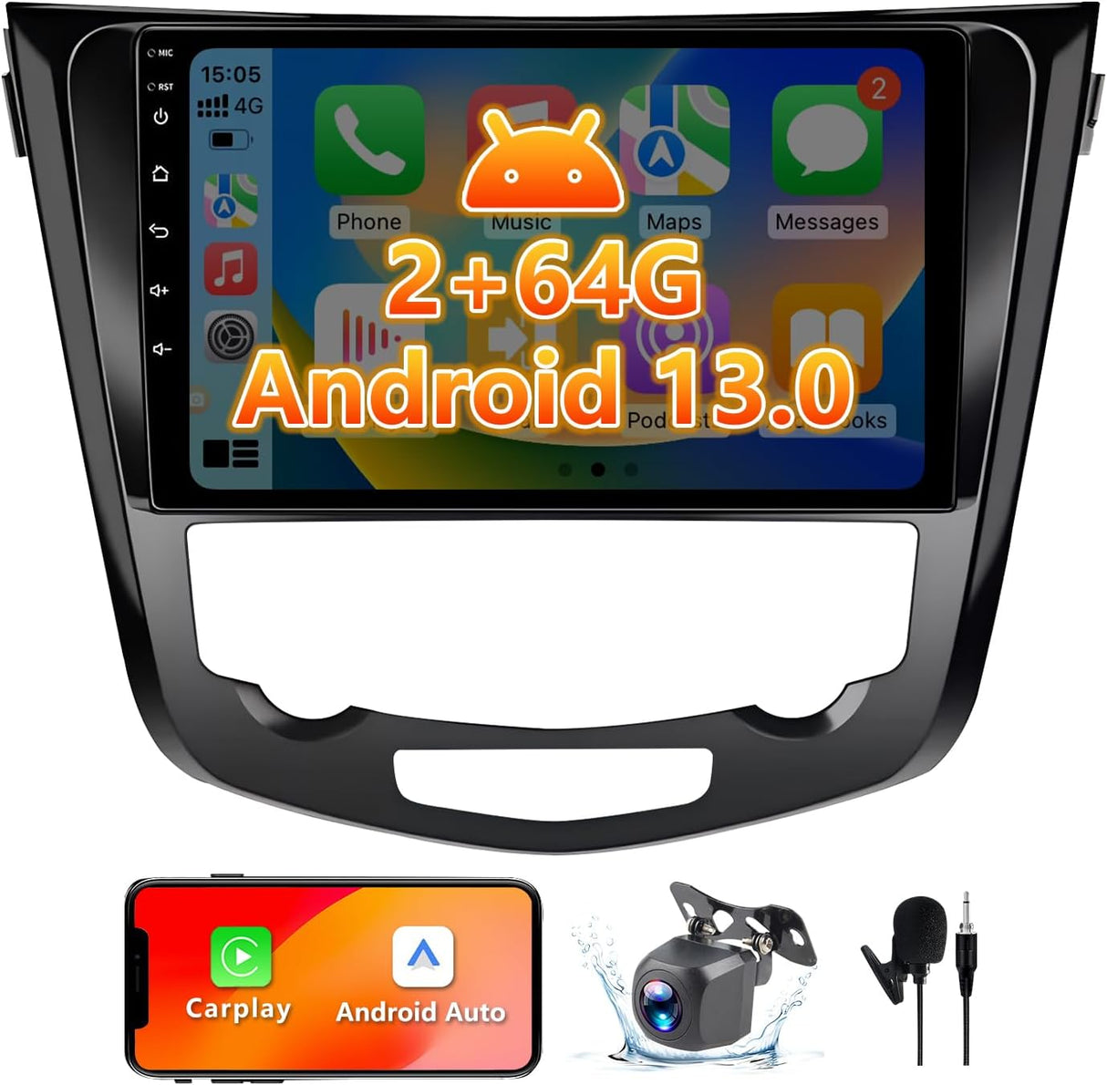 Car Radio Stereo for Nissan X-Trail Qashqai Rogue 2014-2018, Touchscreen with Wireless CarPlay & Android Auto, WiFi, GPS, FM RDS, Backup Camera, SWC, (Auto AC)