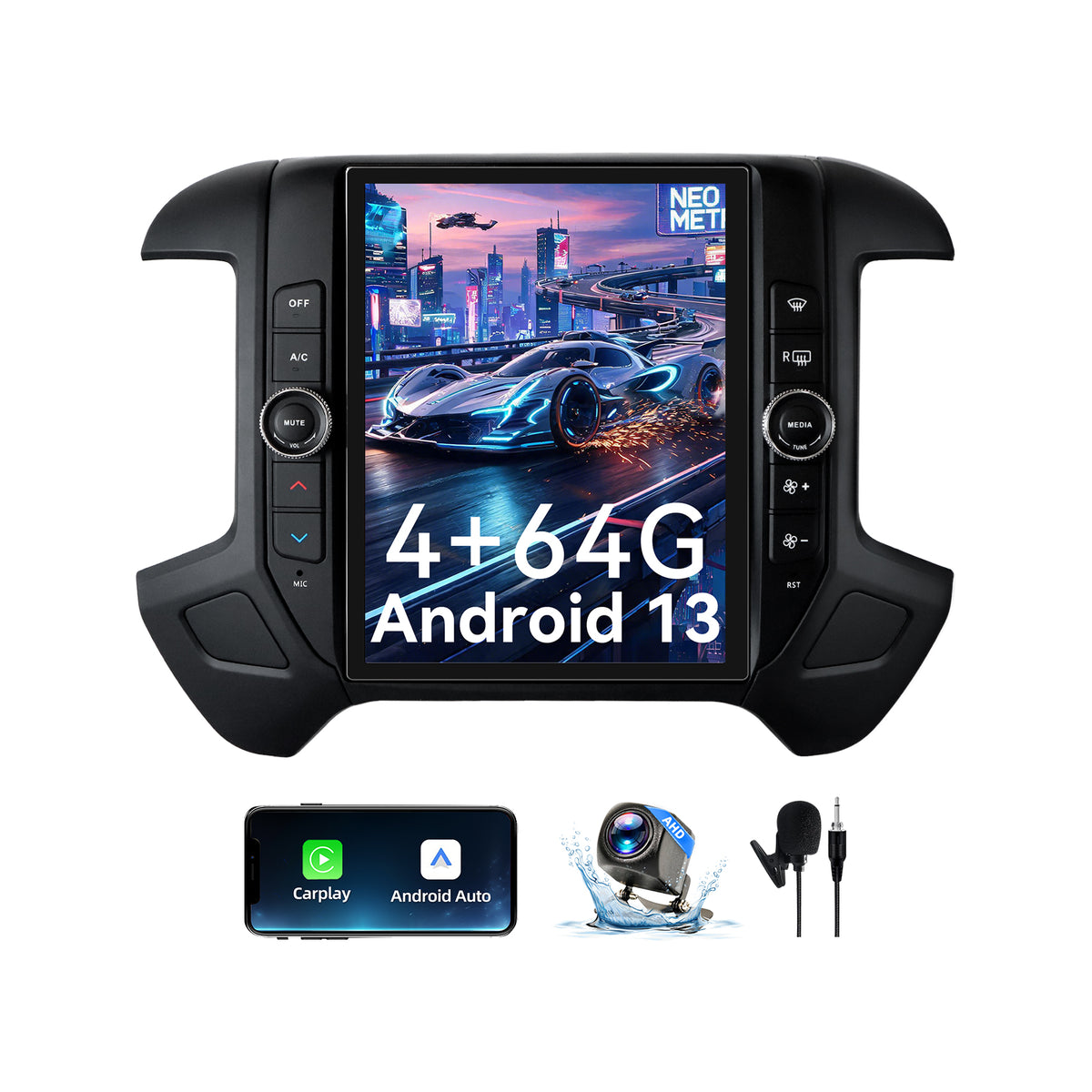 8Core 4+64GB Car Stereo Radio for Chevrolet Silverado GMC Sierra 2014-2018 with Wireless CarPlay & Android Auto 12.1'' T-Style Touchscreen BT5.0 GPS 5Ghz WIFI DSP 32EQ FM 1080P Backup Camera