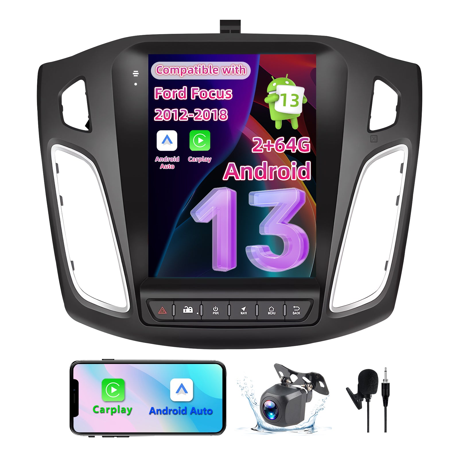 Android 13 Car Stereo for Ford Focus 2012-2018, 2G+64GB 9.7 Inch