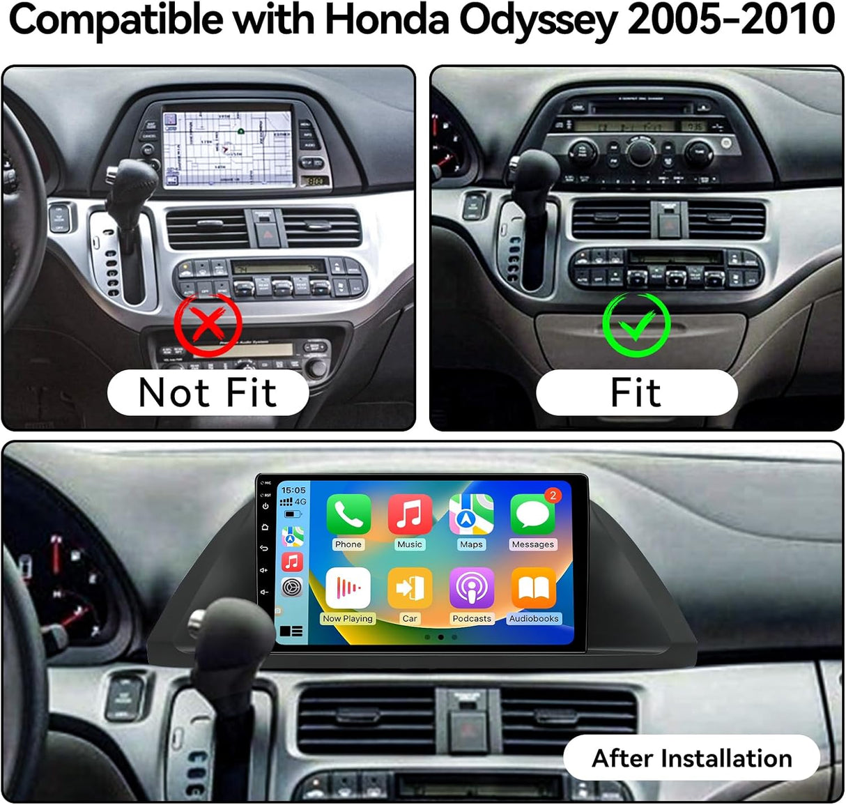 Car Stereo for Honda Odyssey 2005-2010 Supports Wireless Carplay Android Auto  Bluetooth, WiFi, USB, Backup Camera