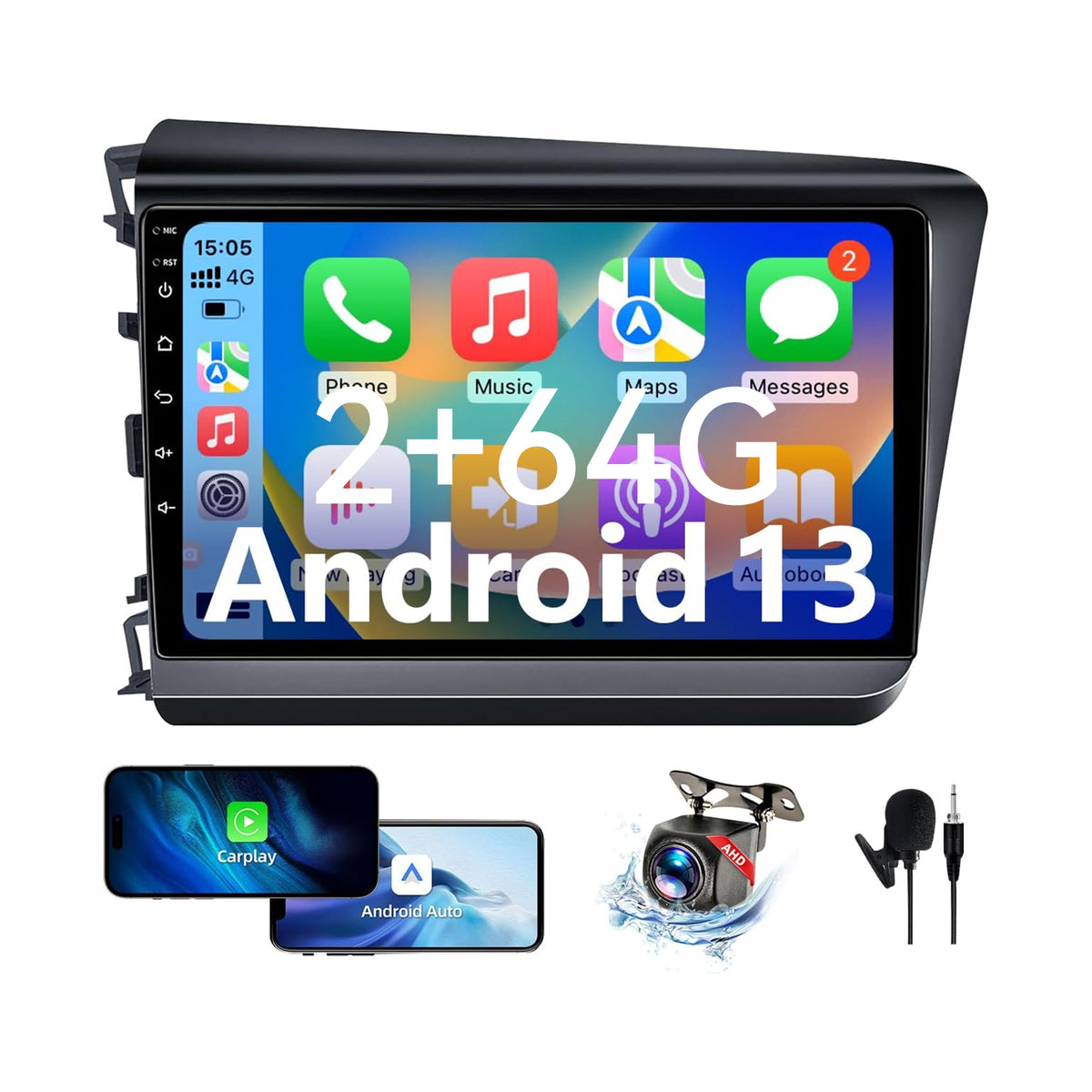 Android 13 Car Stereo for Honda Civic 2012-2015 with Wireless CarPlay&Android Auto, Bluetooth,GPS Navigation,FM, Backup Camera Mirror Link Built-in Navigation