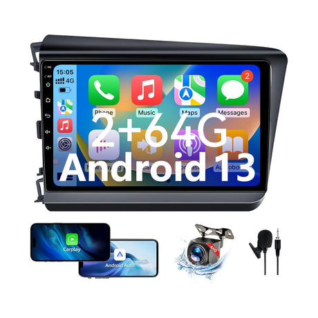 Android 13 Car Stereo for Honda Civic 2012-2015 with Wireless CarPlay&Android Auto, Bluetooth,GPS Navigation,FM, Backup Camera Mirror Link Built-in Navigation